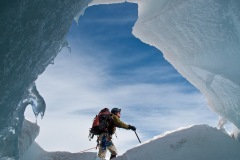 Climbing past ice cave